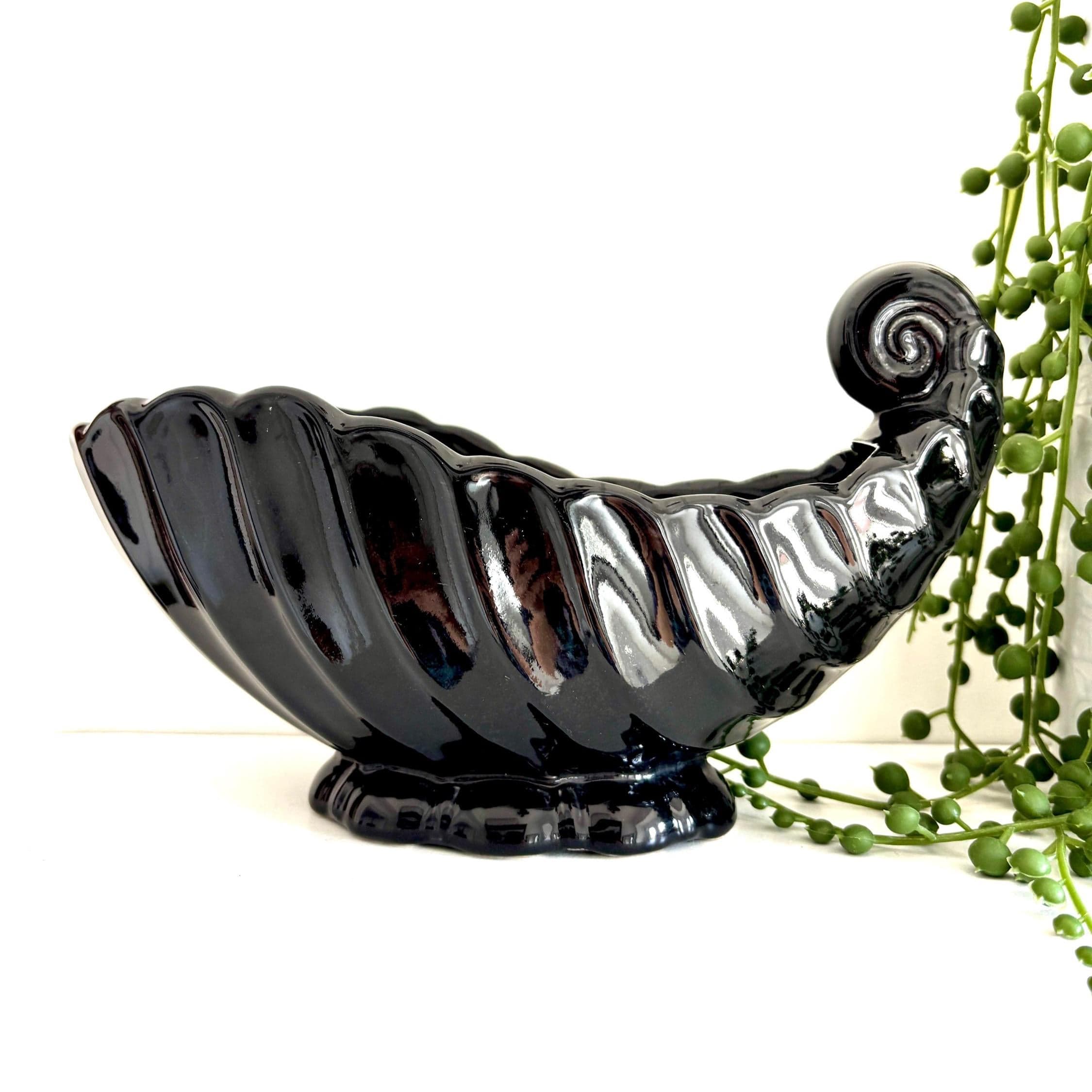 Vintage Black Ceramic Shell Vase: Mid-Century Modern Coastal Decor