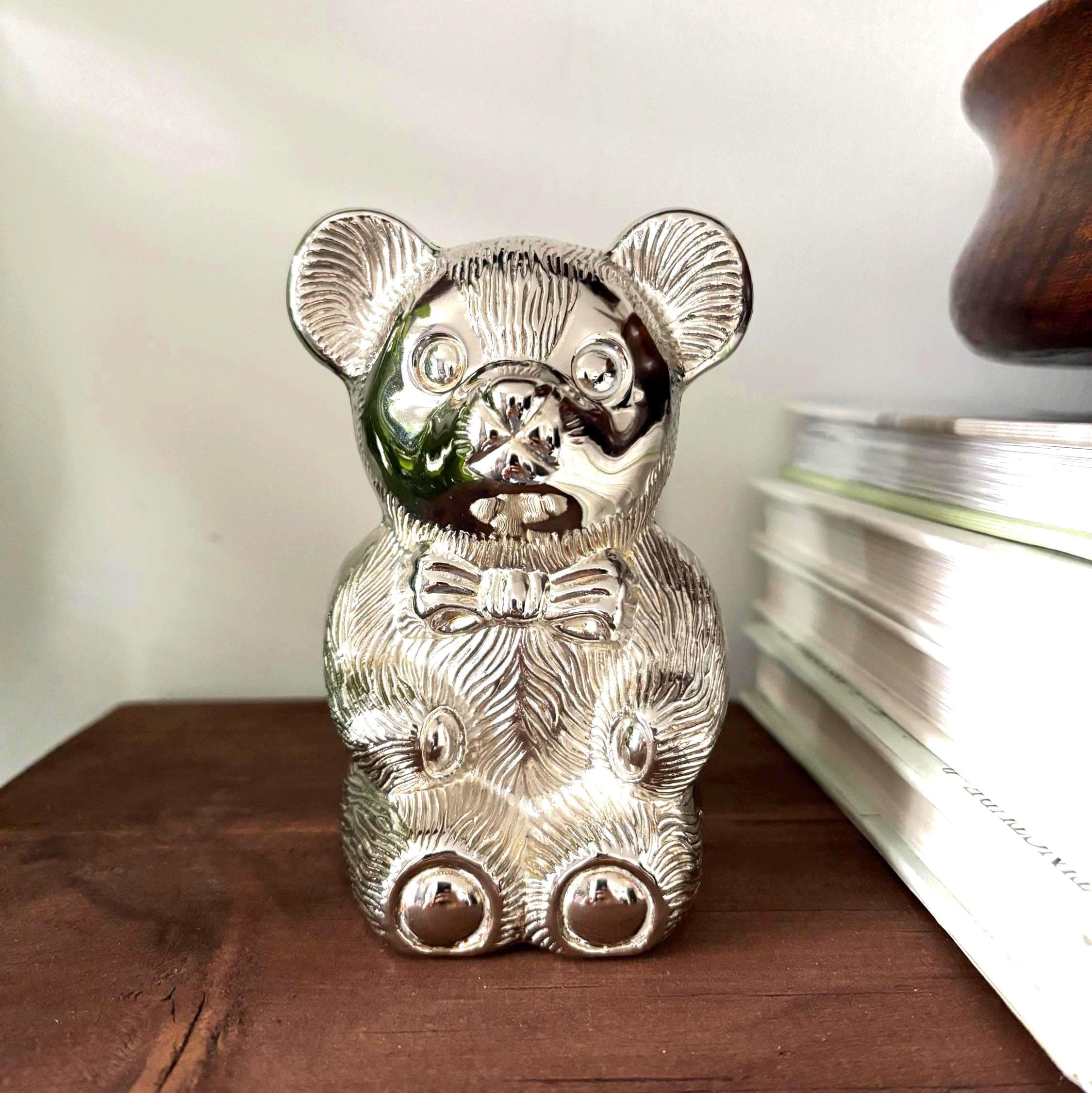 Vintage Silver Plated Teddy Bear Money Box Coin Bank Nursery Decor Baby Gift Keepsake
