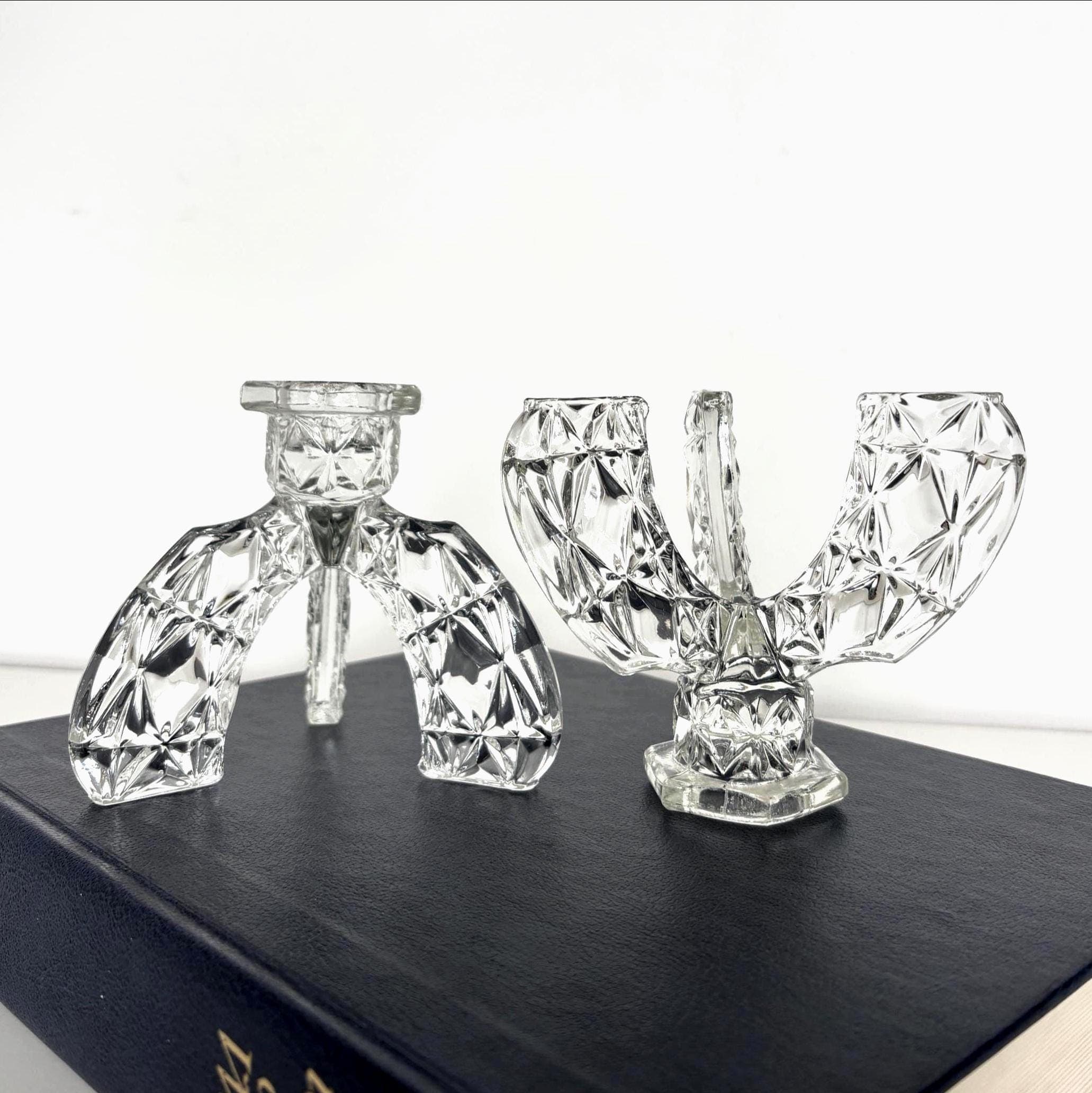 Vintage Glass Candlesticks Pair Art Deco Style Tripod Candle Holders Crystal Cut Design Decor
