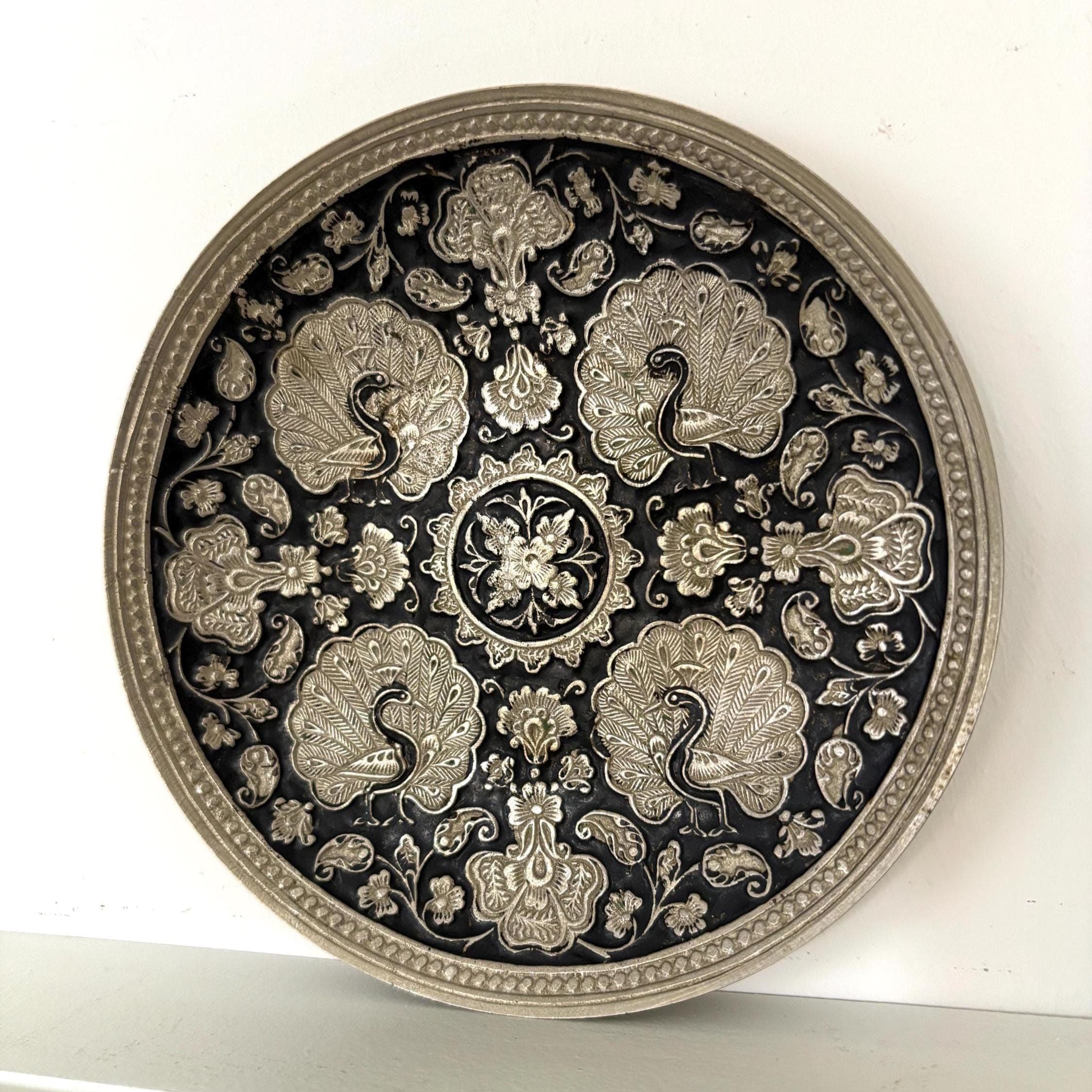 Vintage Silver & Black Peacock Wall Plate | Embossed Metal Hanging Tray, Boho Wall Decor