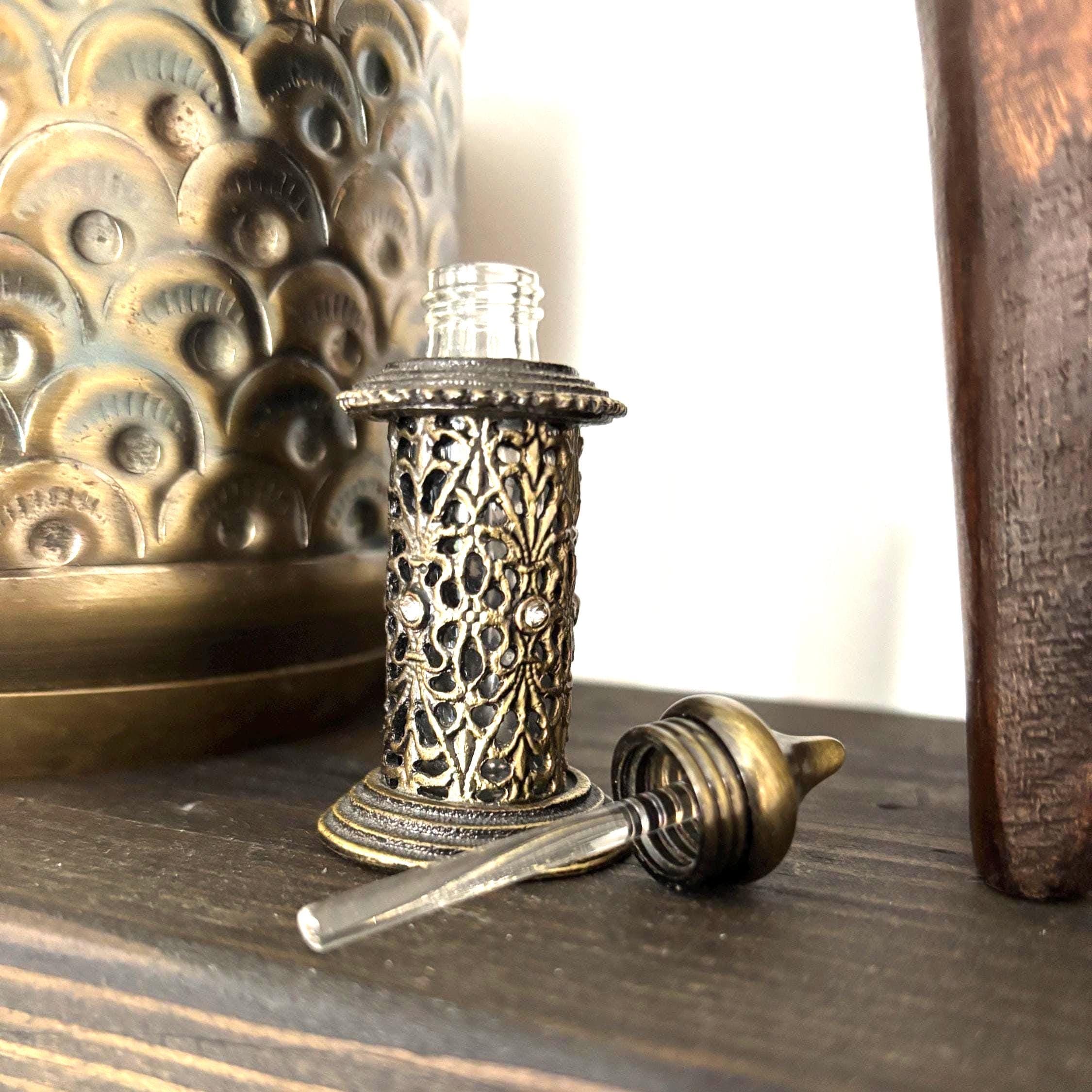 Indian Mini Attar Perfume Bottle Filigree Brass Tone Dabber Wand Rhinestones