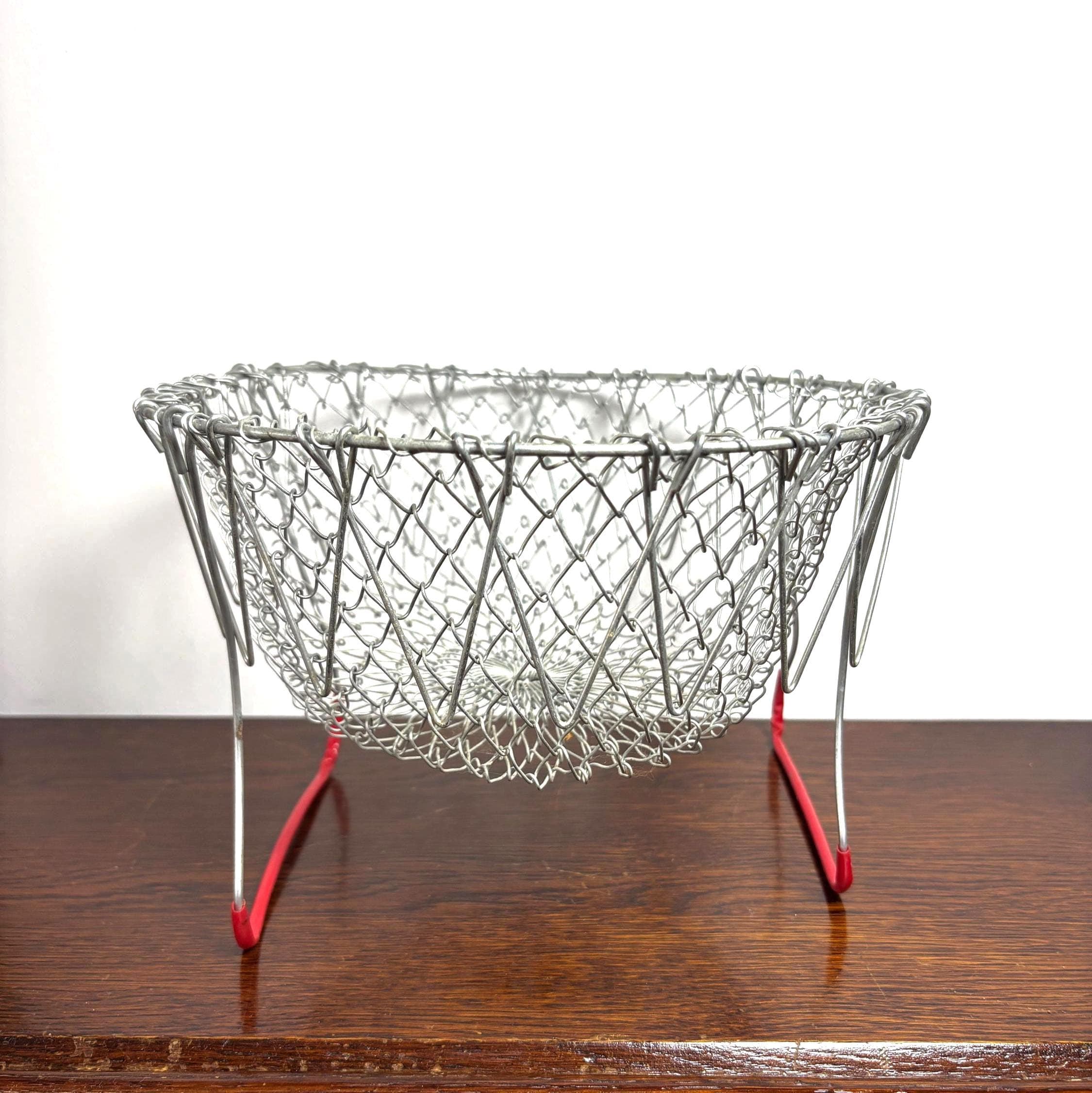 Vintage Collapsible Wire Egg Basket with Red Handle French Style Folding Market Basket