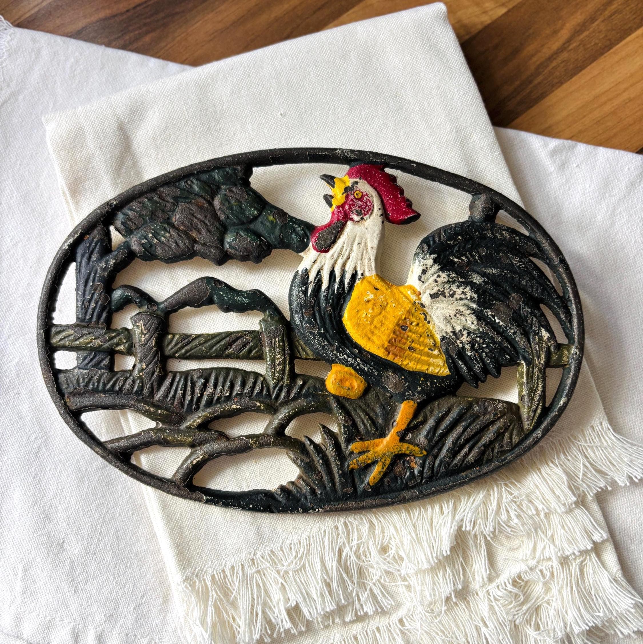 Vintage Cast Iron Rooster Trivet Farmhouse Kitchen Decor Rustic Pan Stand Country Style