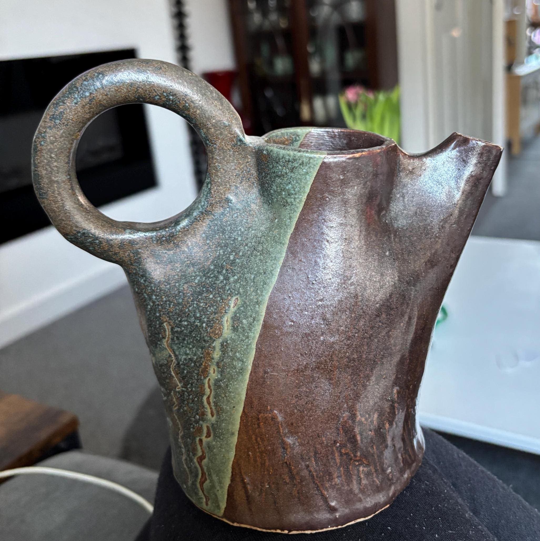Vintage Studio Pottery Jug Sculptural Ceramic Pitcher Mid Century Art Vase Rustic Decor