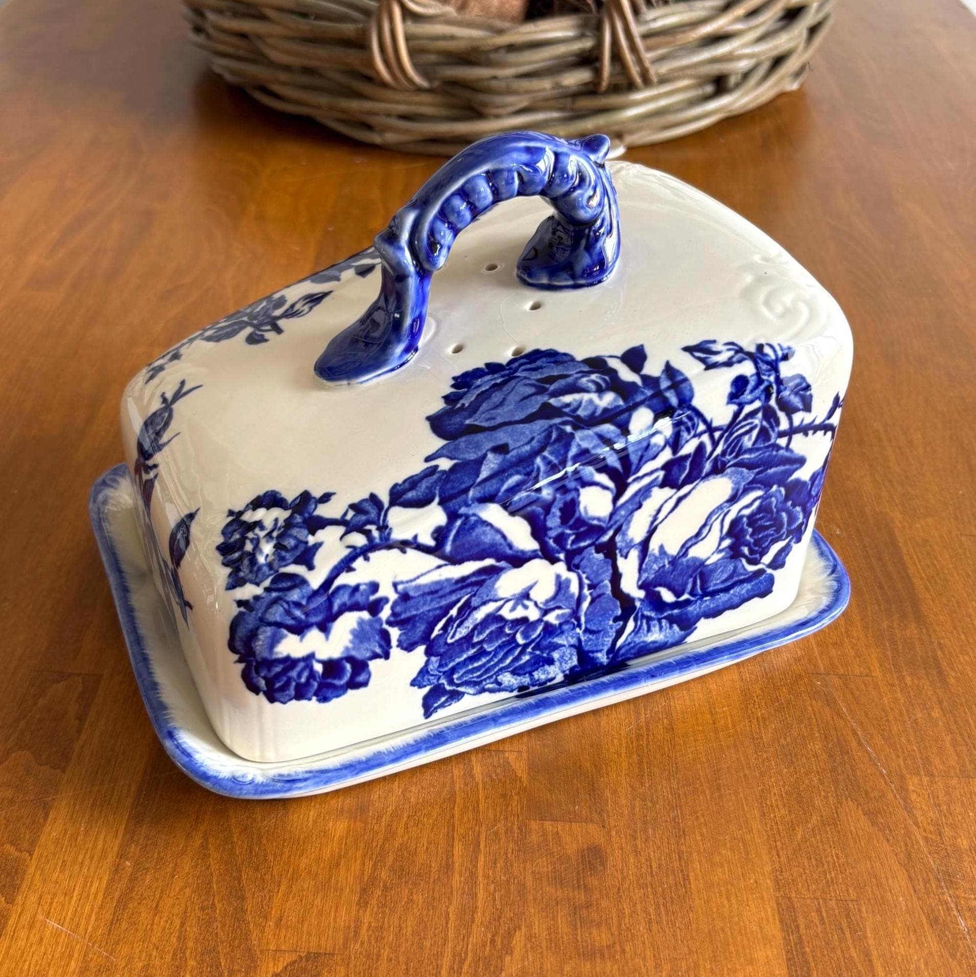 Vintage Blakeney Blue Transfer-ware Cheese Keeper Ironstone Cheese Dish Staffordshire England