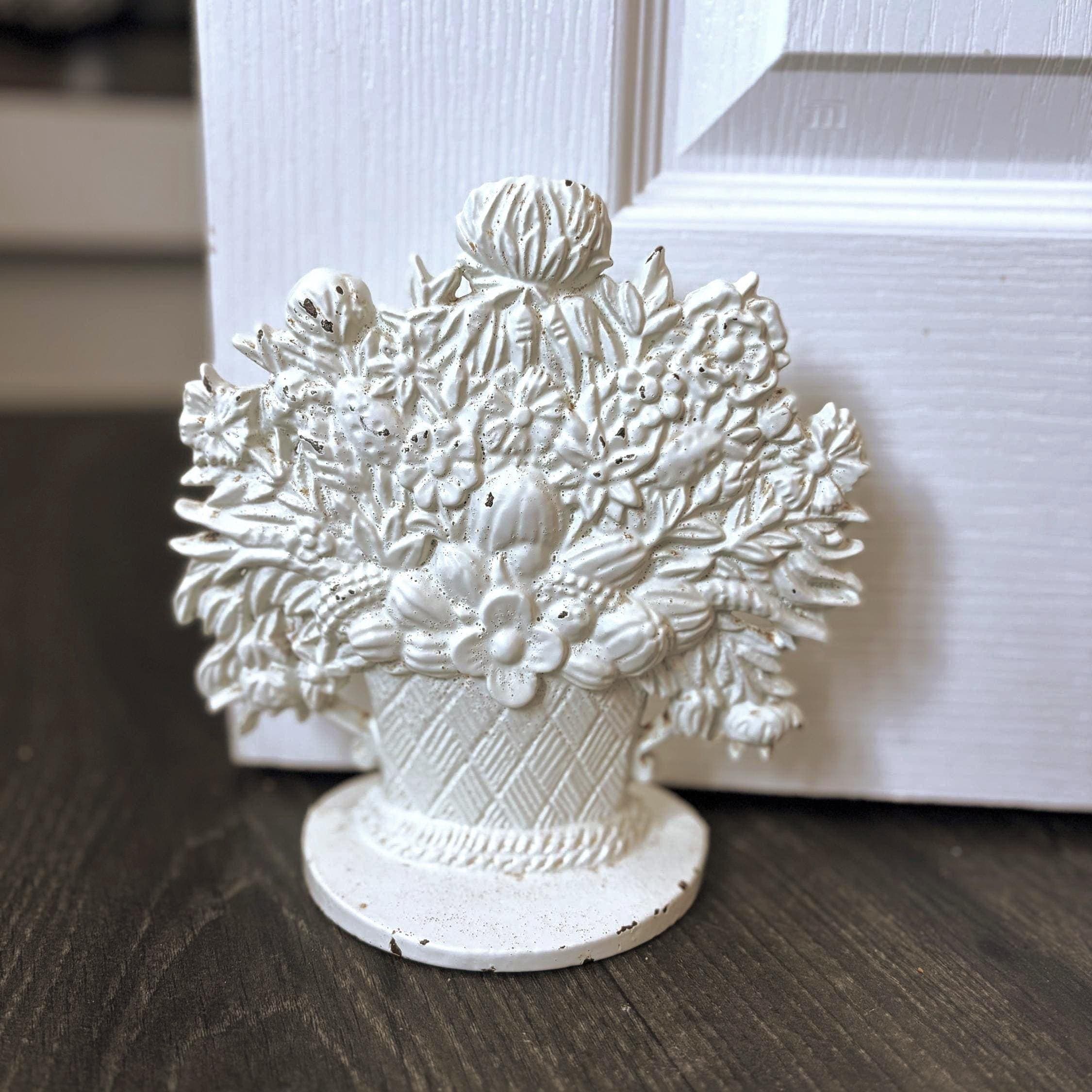 Vintage Cast Iron Flower Basket Doorstop Distressed White Shabby Chic Cottage Farmhouse Decor