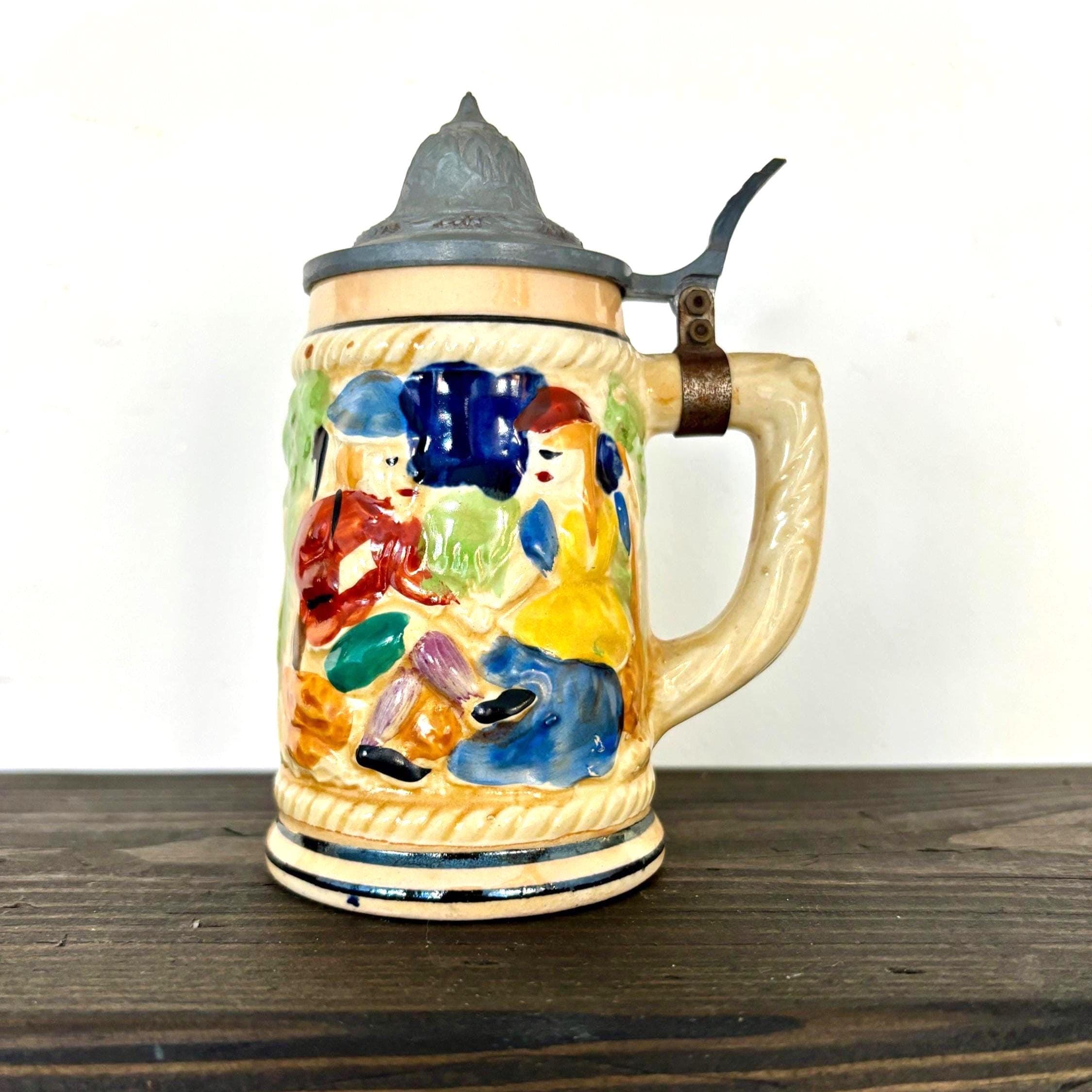 Vintage German Beer Stein with Pewter Lid | Tall Hand-Painted Relief Tavern Scene Mug