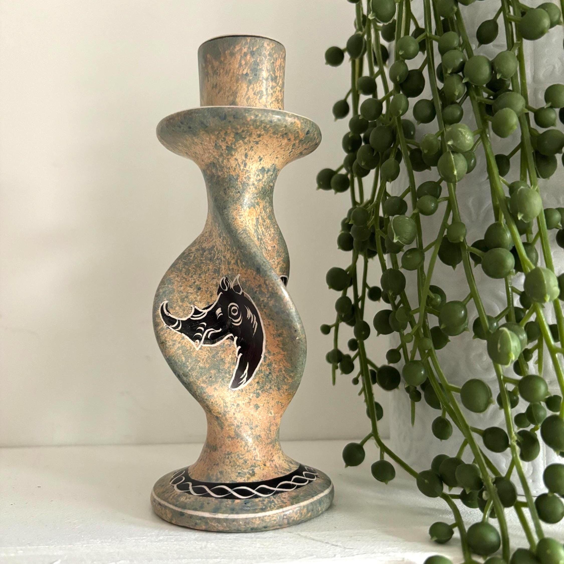 Kisii Soapstone Safari Candlestick | Hand-Carved Kenya | Zebra, Elephant & Rhino | Barley-Twist Taper Holder